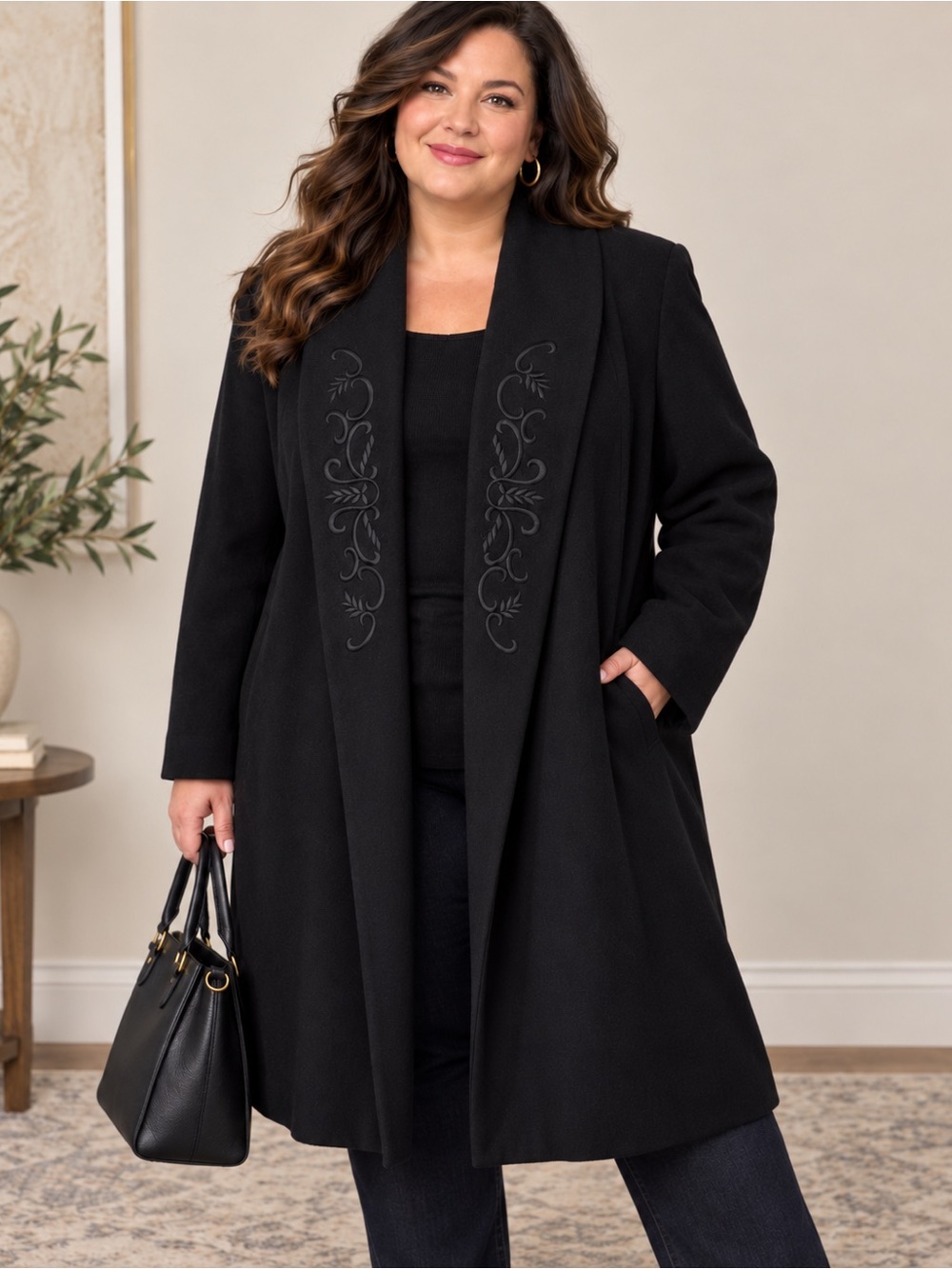 Preston & York Women’s 3X Black Embroidered Shawl Collar Coat Vintage 100% wool